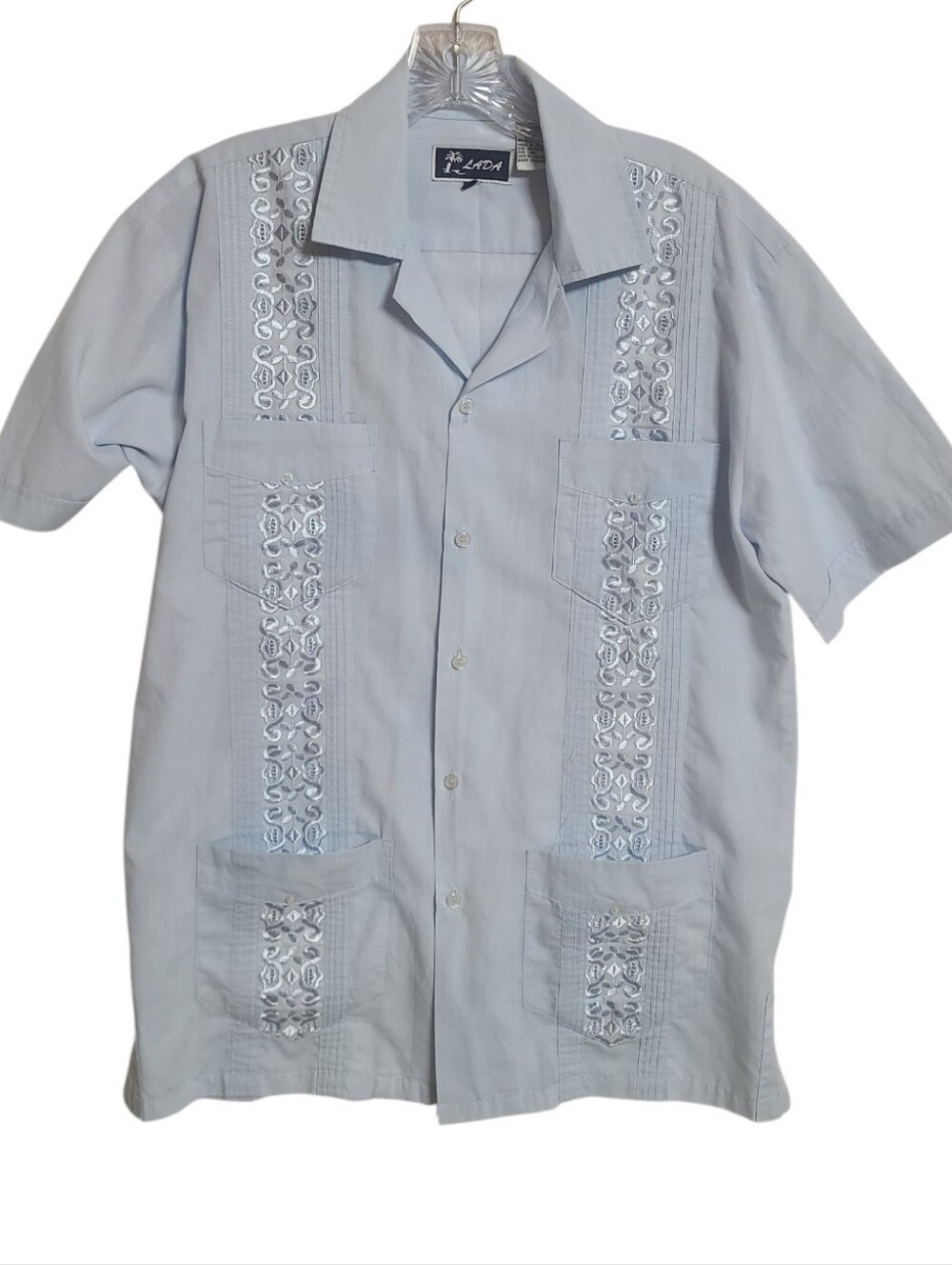 Vintage LADA Light Blue Embroidered Guayabera Cuban Shirt - Size L